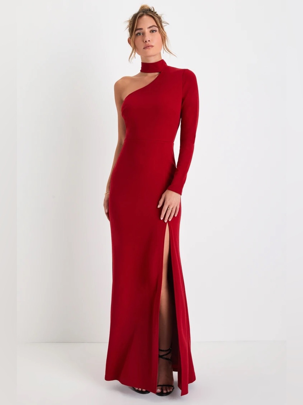 Lulus Keep It Interesting Red Cutout One-Shoulder Maxi Dress large